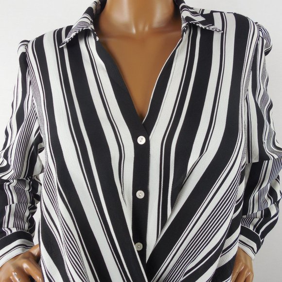 DRESSBARN Top M Black/White Striped Blouse NWT Hi/Low Stretch Roll Tab Long Slvs - Picture 3 of 11